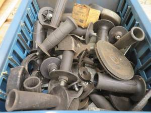 lot 155 image: LARGE METAL BOX OF GRINDING HANDELS & WHEELS AND DRILL ARBOR IN BOX