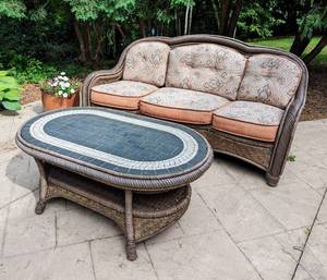 lot 35 image: Outdoor Wicker Sofa and Coffee Table