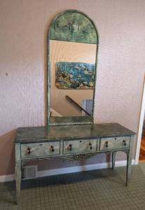 Grand Green Accented Console Table and Matching Mirror