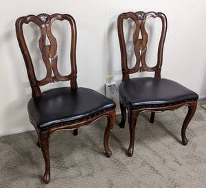 Pair of Ornate Wood and Leather Side Chairs