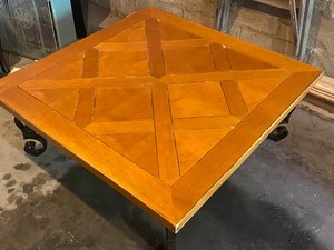 Square Wood Coffee Table with Metal Ornate Base