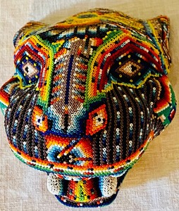 lot 53 image: Vibrant Hand Beaded Wooden Mask from Mexico
