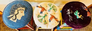 lot 77 image: 3 Hand Painted Stools that represent Mexico, Greece and Egypt