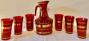 lot 119 image: Vintage Ruby Red Glassware with Golden Leaf Detailing