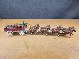Cast Iron Team of Horses and Barrel Wagon - About 28 Long