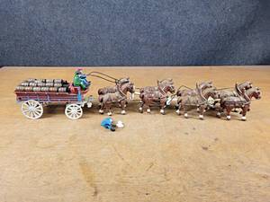 Cast Iron Team of Horses and Barrel Wagon - About 28 Long