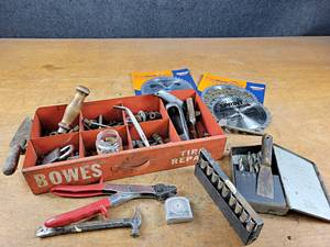 Vintage BOWES Tire Repair Drawer, Hand Tools, New 7-14 Saw Blades, and More