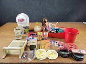 Large Lot of Assorted Vintage Items and Collectibles - Barbies, Blocks, Woodstock Bank, and More