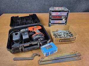 Black & Decker Cordless Firestorm Drill w Battery and Charger (Untested), PLANO Storage Cases and Hardware