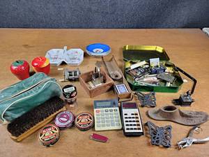 Vintage KIWI Show Polishing Kit, TI 1200 Calculator, Fishing Reel, Cards, and More