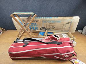 (2) Fold Up Beach Chairs, Vintage Folding Chair, Dog Door and Trash Cart - NO SHIPPING