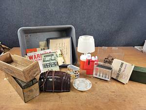Vintage Coin Banks, Cheese Boxes, Camping Lantern, KOOLS Ash Tray, and More
