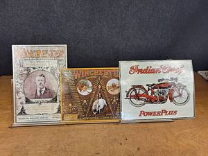 (3) Metal Signs - Winchester and Indian Motorcycles - Indian is 16 x 13, others are 16 x 11