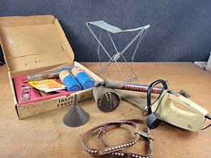 Antique HUDSON Sprayer, Vintage Insect Fogger, Camp Seat, Funnel, and More - NO SHIPPING