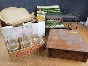 Coca-Cola Glasses and Small Crate, Partial Vintage Coca-Cola Cardboard Sign, Antique Drawer, and More - NO SHIPPING