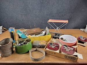 Large Lot of Vintage - New Old Stock Hays Mortuary Ash Trays from Belle Plain, MN, Pyrex Dish, Vintage Remote Engine Starter Switch, and More