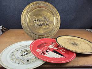 Large Brass Stagecoach Tray (23 Diameter) and (3) Vintage Steel trays - NO SHIPPING