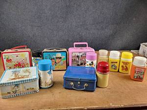 Large Collection of Lunchboxes and Thermoses - Lone Ranger, Strawberry Shortcake, Holly Hobbie, Mickey Mouse, Smurfs, Hair Bear Bunch, The Partridge Family