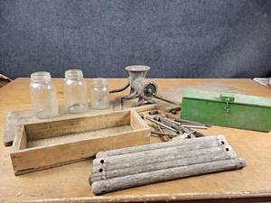 Vintage Meat Grinder Mounted to Slab, Tools, Jars, and More - NO SHIPPING