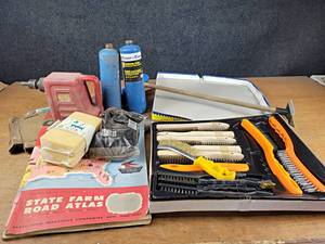 New Wire Brush Set, Propane Bottles (Full), Vintage Atlases, Tarp, and More - NO SHIPPING