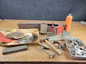Lot of Toolboxes, Antique tools, Saw Blades, Model T Coil, Miter Box, and More - NO SHIPPING