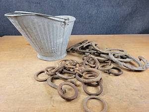 Galvanized Coal Bucket, Steel Rings and Many Horseshoes - NO SHIPPING