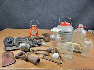 Lot of Antiques and Collectibles - Lantern, Jug, Tools, Jars, and More - NO SHIPPING