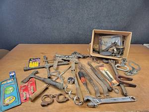 Lot of Antique Tools, Modern Tools, Toy Handcuffs, and More