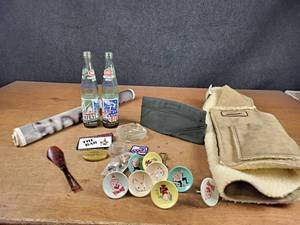 Lot of Vintage and Antiques - 1958 Army Cap, Storybook Dresser Knobs, Dekalb Vest (Size Small), Vintage Star Trek SPOCK Poster, and More