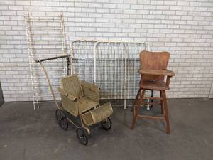 Antique Lloyd Buggy, Antique Iron Crib and Solid Wood High Chair - NO SHIPPING