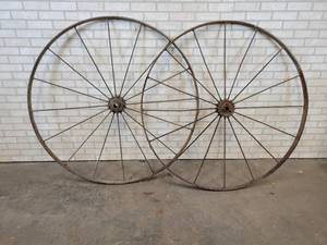 Pair of Large Antique Flat Spoke Wagon Wheels - 55 Diameter x 2 Wide - NO SHIPPING