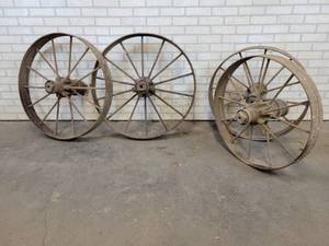Set of (4) Matching Antique Steel Wagon Wheels - (2) Front are 28 Diameter x 4 Wide and (2) Rears are 32 Diameter x 4 Wide - NO SHIPPING