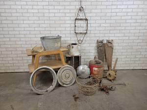 Large Lot of Vintage Items - Galvanized Tub, Saws, Antlers, Hubcaps, Traps and More - NO SHIPPING