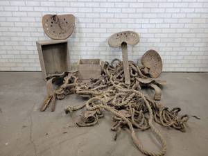 Huge Lot of Farm Antiques - Tractor Seats, Cast Iron Hay Trolley, Pulleys and More - NO SHIPPING