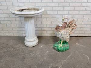 Concrete Rooster Garden Statue and Poly weighted Birdbath - NO SHIPPING
