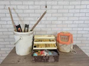 Fishing Gear - Tackle Box w Tackle, Ice Fishing Rods, Tip-Ups and Plano Minnow Bucket