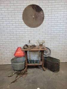 Huge Lot of Farm Antiques - 29 Diameter Saw Blade, Antlers, Copper Tub, Galvanized Tub, Solid Wood Table and More - NO SHIPPING