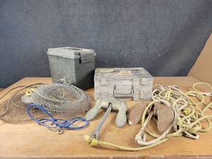 Large Fishing Lot - (2) Anchors, Tackle Box (Empty), Sportsmans Dry Box and (2) Fish Baskets - NO SHIPPING