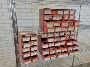 Lot of Hardware Bins w Mostly 716, 12 and 58 Bolts, Nuts, Washers - NO SHIPPING