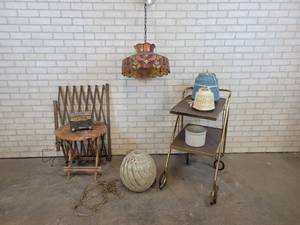 Large Lot of Vintage Items - Spaghetti Lamp, Lawnware Lights, Hanging Light, Folding Table, Folding Cart and More - NO SHIPPING