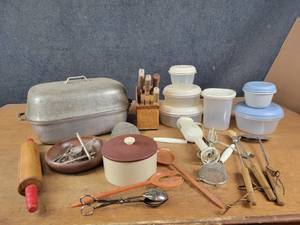Lot of Vintage and Modern Kitchen Items - Cast Aluminum Roaster, Rubbermaid Containers, Blender and More