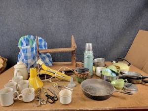 Large Lot of Household - MELMAC Cups, Cast Iron Skillet, Churchill England Dishes and More - NO SHIPPING