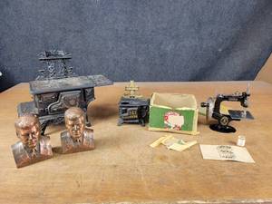 Antique Mini Singer Sewing Machine W Box and Manual - Model No. 20, Mini Cast Iron Stoves and JFK Bust Banks