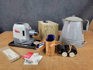 Antique Granitware Coffee Pot, Slide Projector and Binoculars