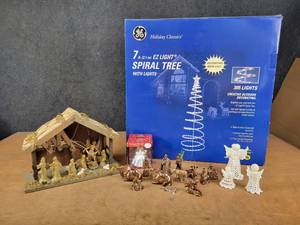 Lot of Nativity, 7 Spiral Lighted Tree and Holiday Barbie Ornament - NO SHIPPPING