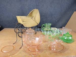 Pink & Green Glassware Sets, Doll Carriage (Needs Work) and More - NO SHIPPING