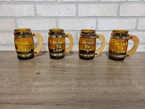 lot 191 image: Lot of (4) Glass w Wood Handle Keg Mugs - 5 Tall Each