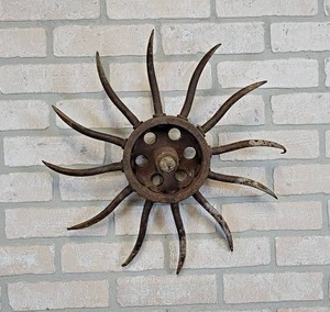 lot 32 image: Antique Steel  Cast Iron Rotary Hoe Wall Hanger - About 17 Diameter