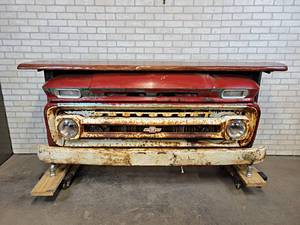 lot 1 image: Custom Made 1960s Chevrolet Truck Bar, Live Edge Wood Slab Bar Top - Working Headlights - NO SHIPPING