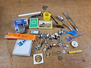 lot 46 image: Lot of Collectibles - Hotel Radisson Spoon, Tokens, Playing Cards, Souvenir Spoons and More